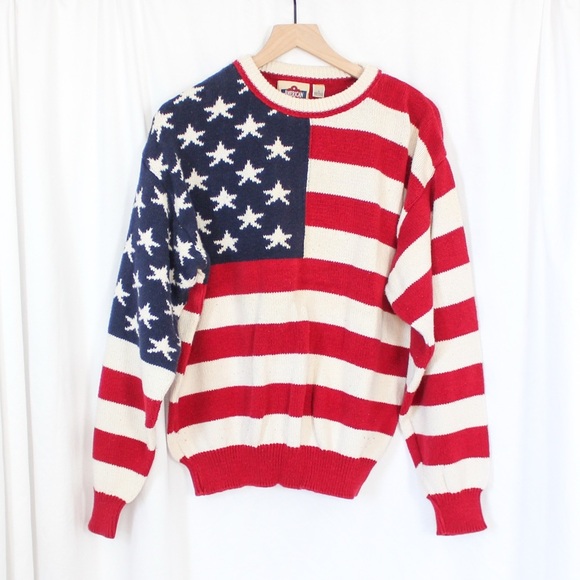 Vintage Sweaters - Vintage 80s 100% Cotton Knit Crewneck American Flag Sweater Large